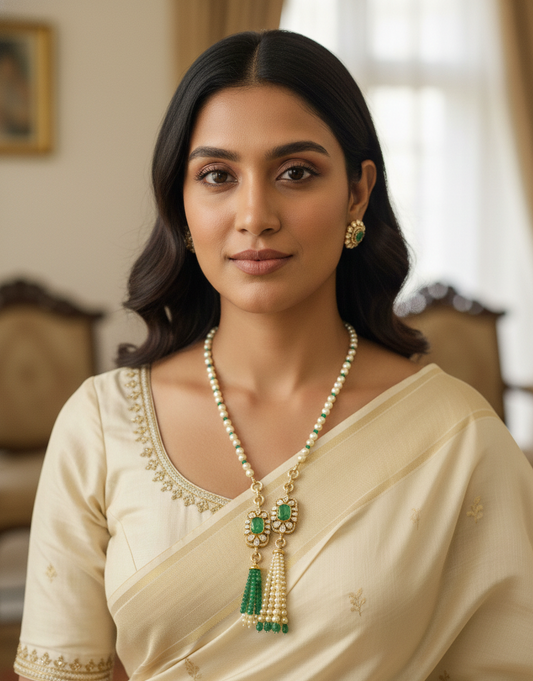Dublet Emerald Polki Long Choker Sliver Neckless with Earrings