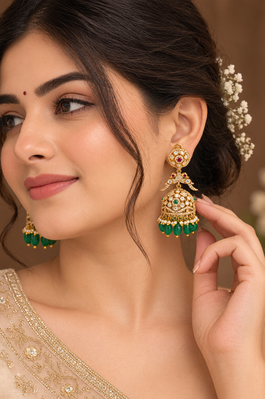 Multicolour stone embellished Indian earrings with ornate dome design