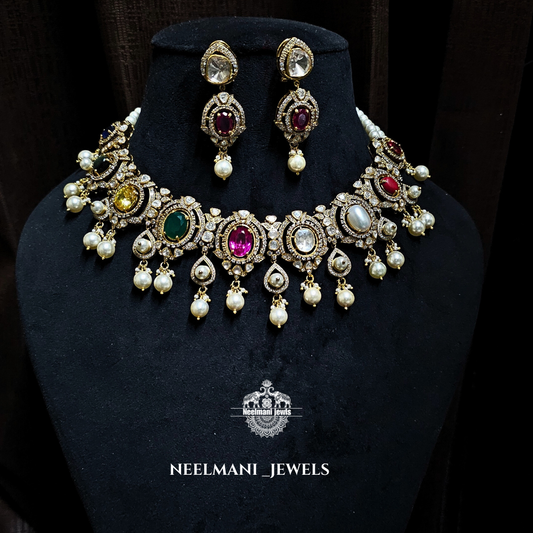 navratan necklace set, navratna jewelry set, traditional necklace set for women, multicolor stone necklace, wedding jewelry set, festive wear jewelry.