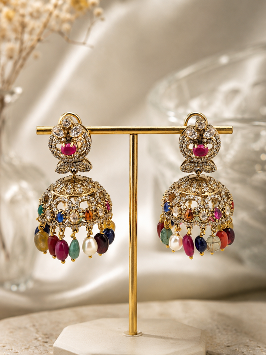 Traditional Navratna Kundan Jhumka Earrings for Women Wedding Wear