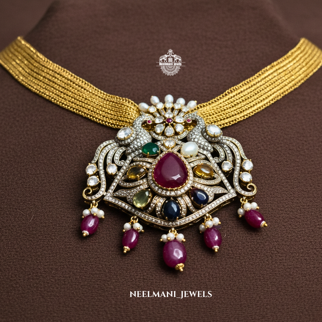 Big Navratna Pendant for Women | Traditional Ethnic Statement Jewellery