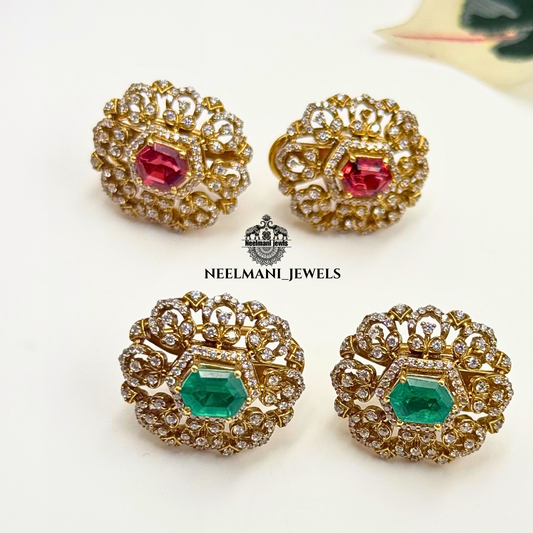 Gold earrings with red and green gemstones on a white background, branded as Neelmani Jewels.