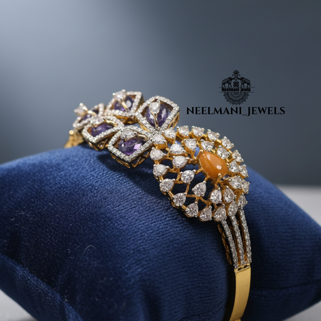 CORAL & Purple Stone Bangle in 925 Sterling Silver | Adjustable Anti-Tarnish Kada for Women