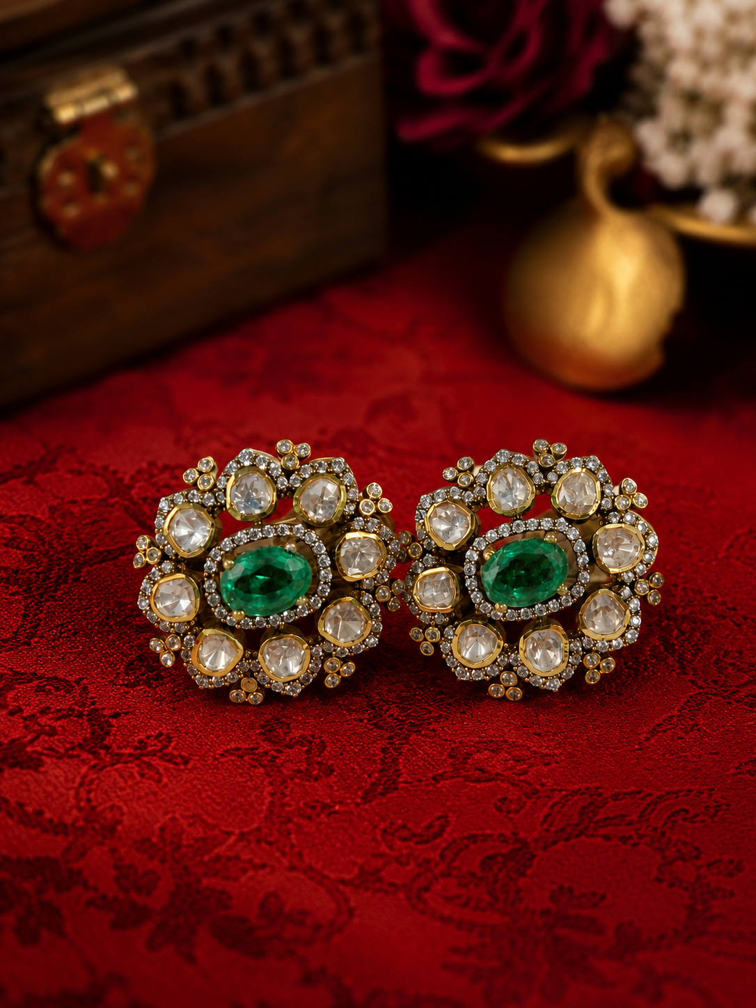 Designer Emerald Green Floral Polki Earrings for Bridal Wear