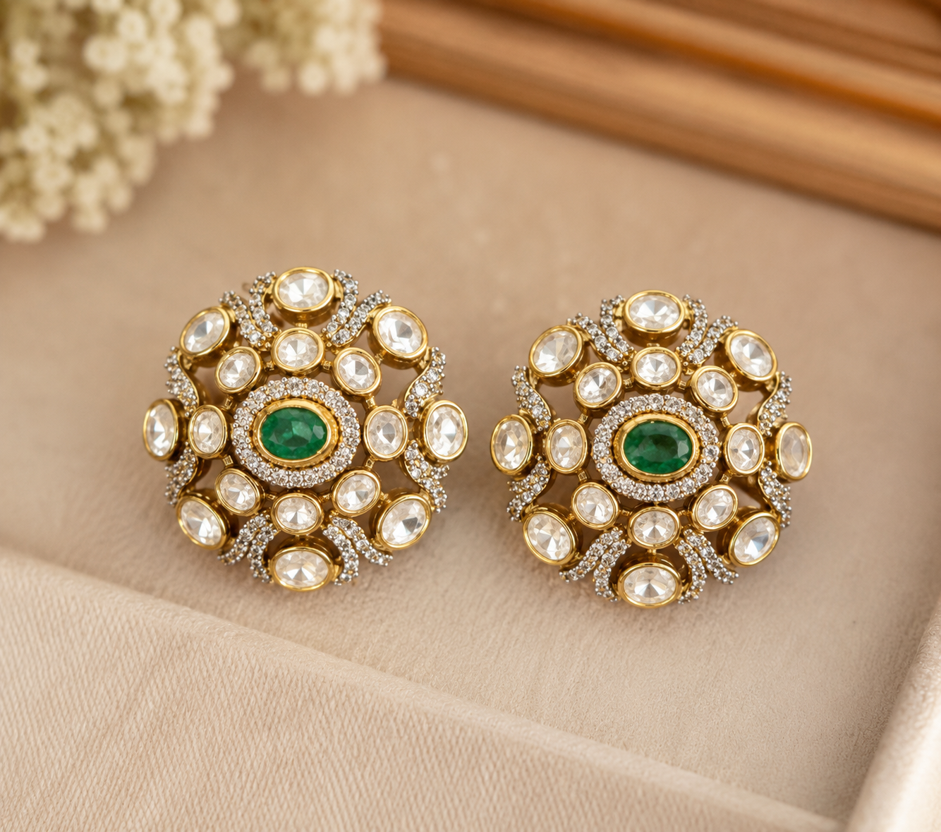 Designer Kundan Polki Floral Stud Earrings with Green Stone for Women