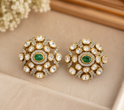 Designer Kundan Polki Floral Stud Earrings with Green Stone for Women