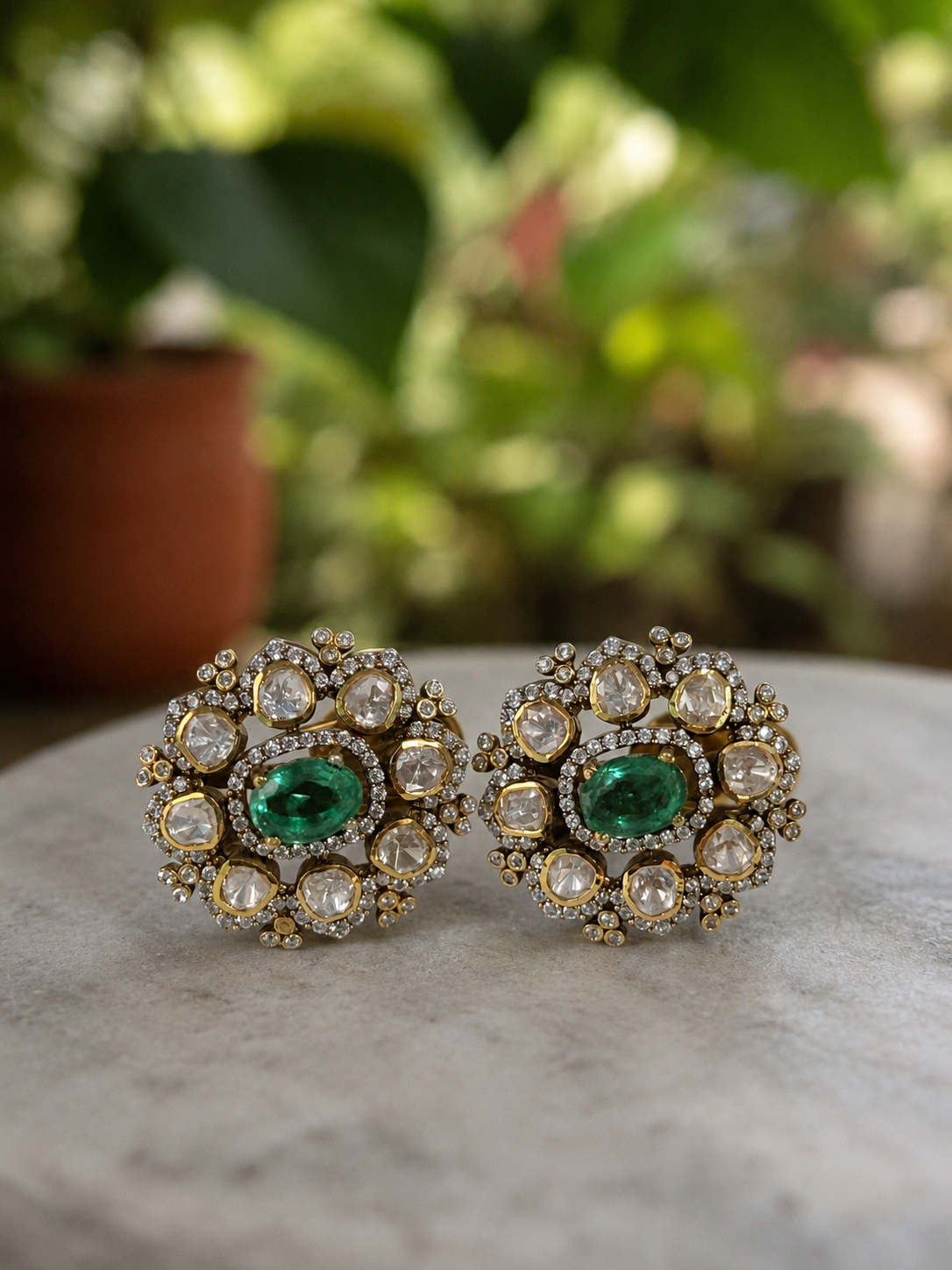Emerald Green Polki Kundan Stud Earrings for Women Wedding Jewellery
