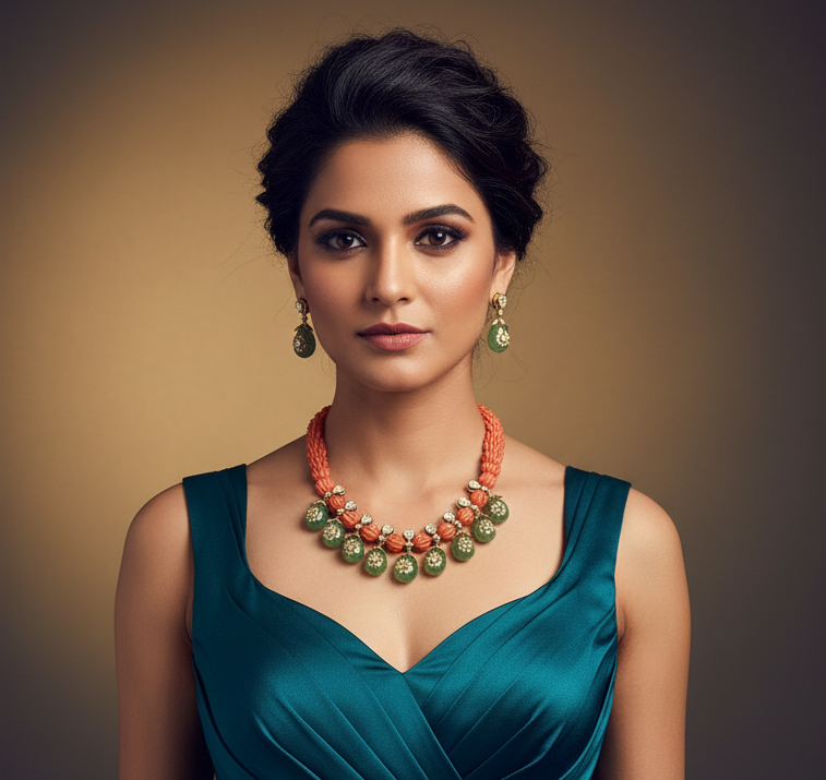 New Design Coral Green Emerald Stone Necklace Set for Girls & Women |