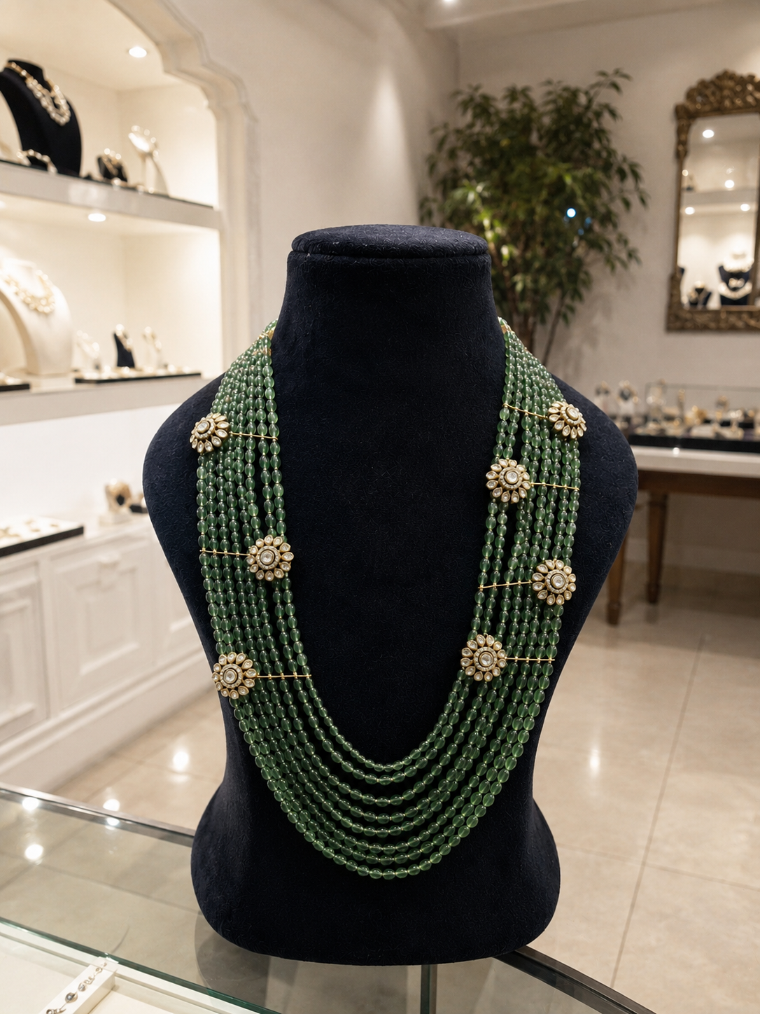 Green Beaded Polki Long Necklace for Women – Multi Layer Bridal Statement Jewellery