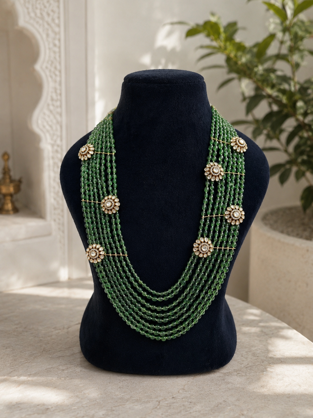 Luxury Green Stone Long Haar Necklace with Polki Floral Design for Wedding Wear