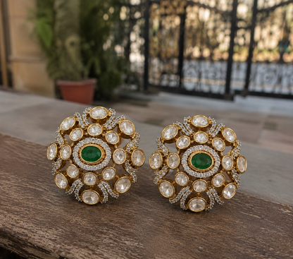 Handcrafted Floral Polki Earrings with Green Center Stone and Gold Finish