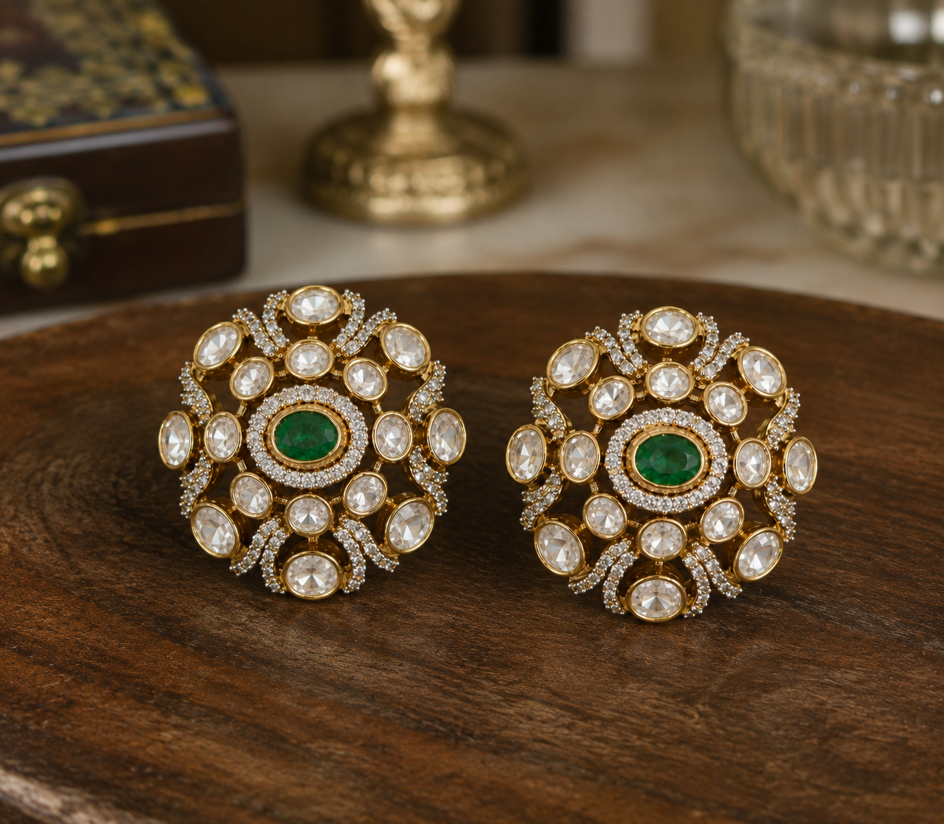Luxury Green Stone Kundan Stud Earrings for Wedding and Party Wear