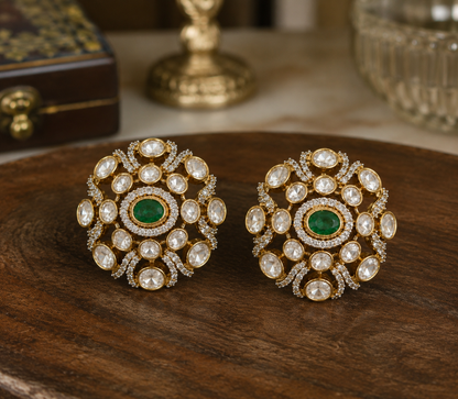 Luxury Green Stone Kundan Stud Earrings for Wedding and Party Wear