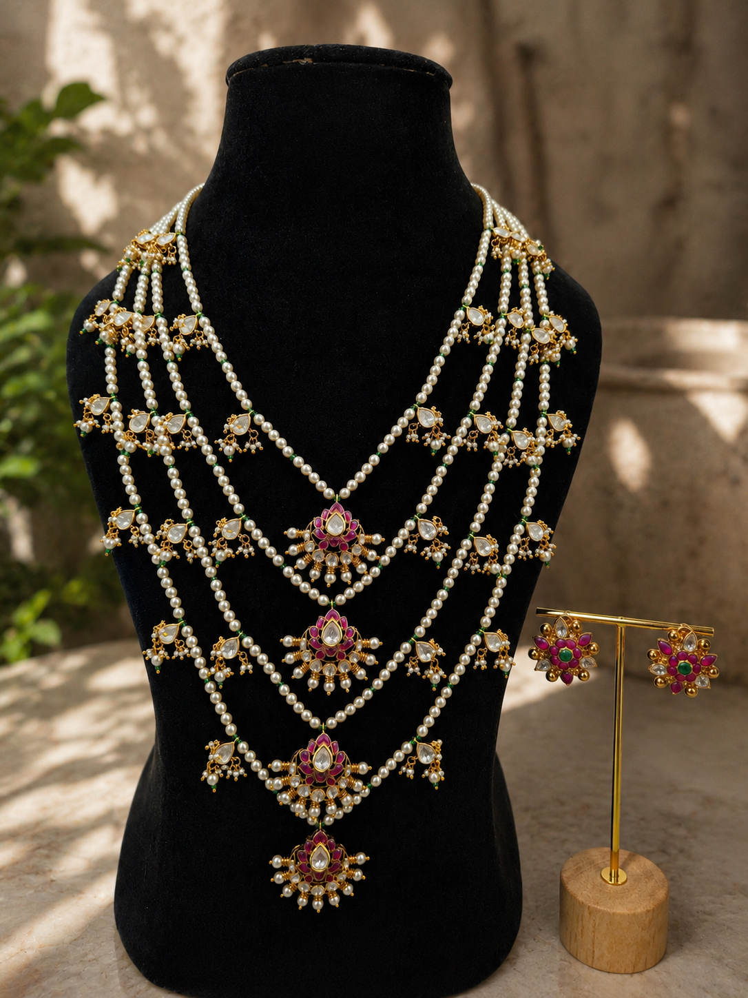 Multi Layer Pearl Bridal Necklace with Polki and Kundan Design