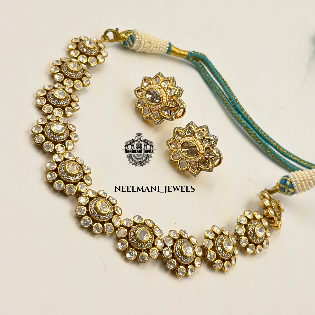 Moissanite Polki Necklace Set with Earrings – Traditional Party Wear