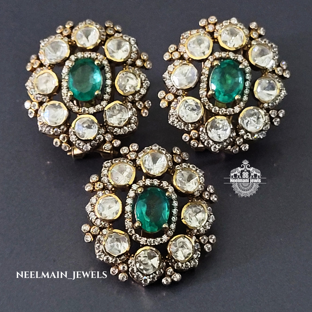 Green emerald stone and moissanite polki pendent and studs