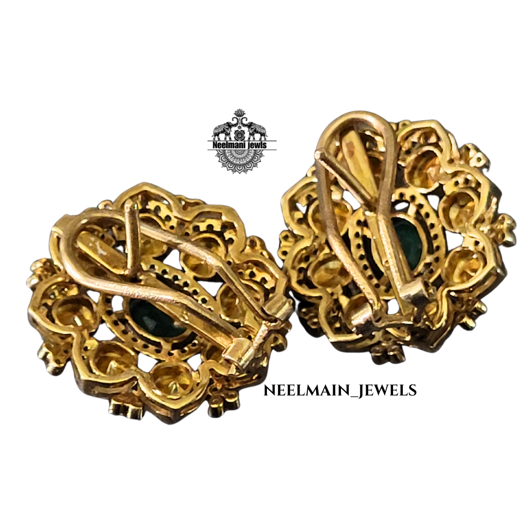 Green emerald stone and moissanite polki pendent and studs