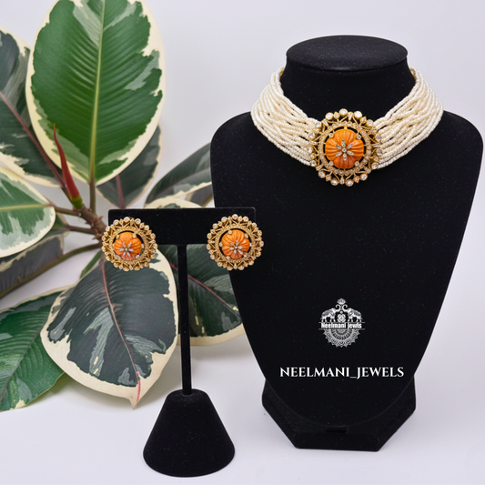 Coral and Emerald PENDENT AND STUDS