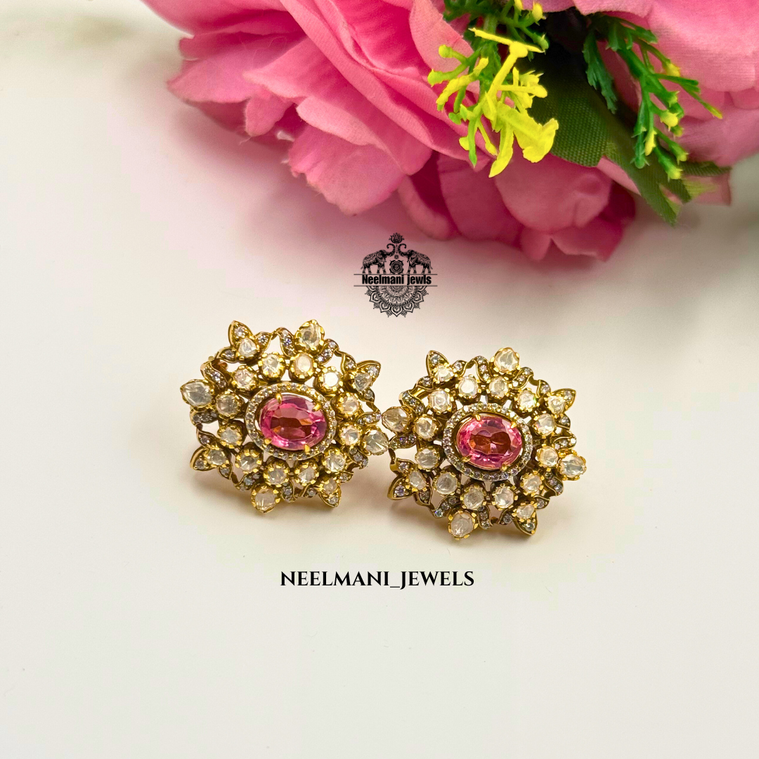 Floral Elegance Studs IN (RUBY PINK AND GREEN GEMSTONE)