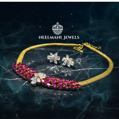 AD ruby stone nan chain necklace for Girls. Elegant gold finish artificial diamond pendant chain, lightweight & perfect for party & daily wear.