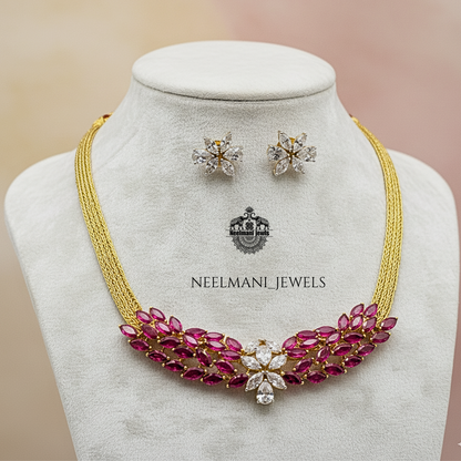 Shop AD ruby stone nan chain necklace for women. Elegant gold finish artificial diamond pendant chain, lightweight & perfect for party & daily wear.