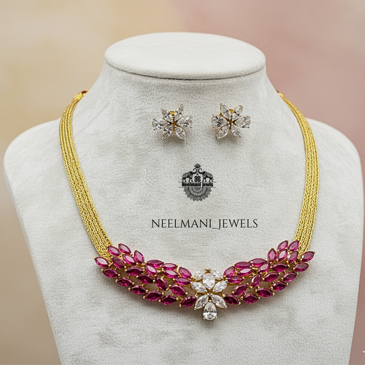 Shop AD ruby stone nan chain necklace for women. Elegant gold finish artificial diamond pendant chain, lightweight & perfect for party & daily wear.
