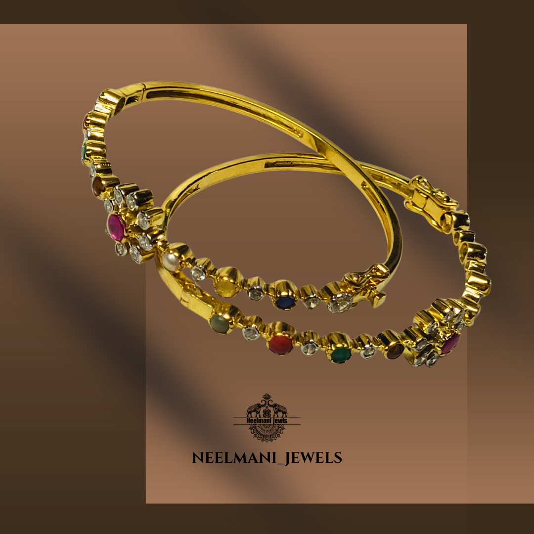Gold bracelet with gemstones on a brown background, branded as Neelemani Jewels.