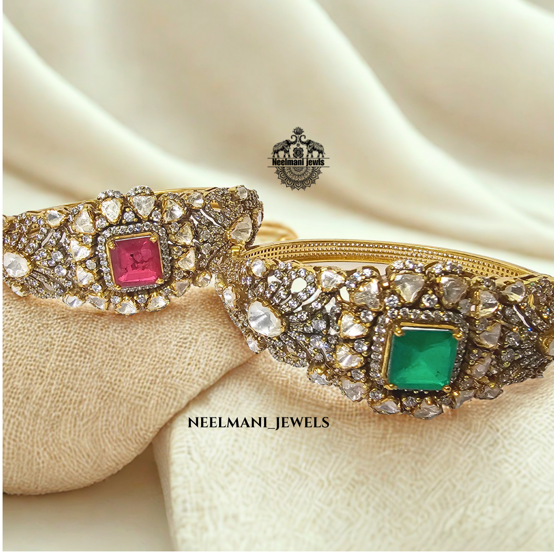 Royal Pink Green Moissanite Polki Kada – Designer Ethnic Bangle