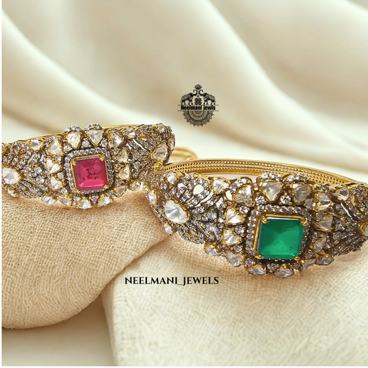 Pink and green stone mossitate polki bangle