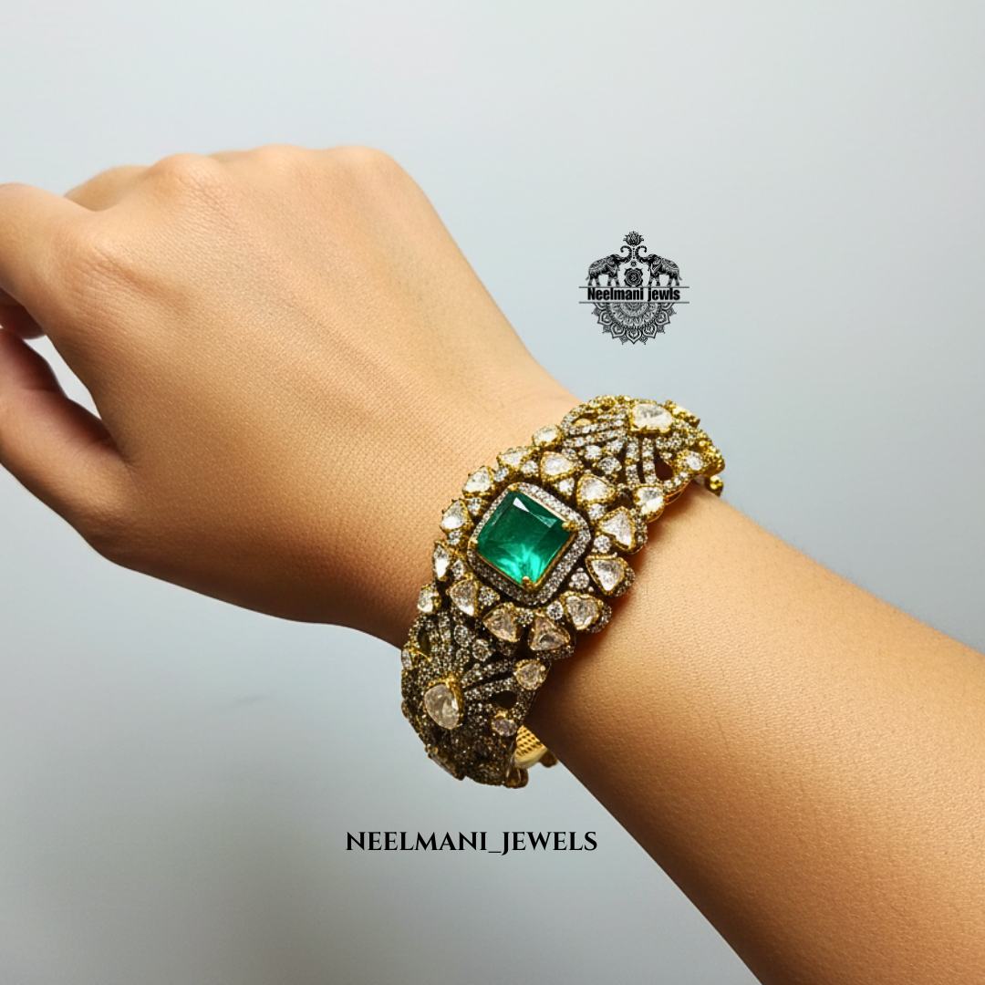 Royal Pink Green Moissanite Polki Kada – Designer Ethnic Bangle