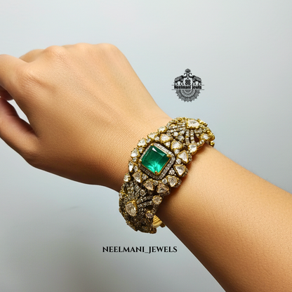 Royal Pink Green Moissanite Polki Kada – Designer Ethnic Bangle