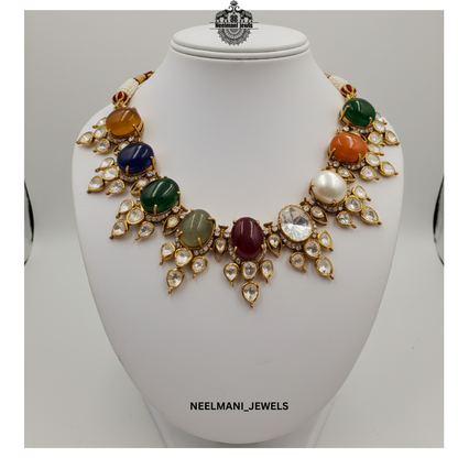 Navratna bridal necklace set with multicolor gemstones, Kundan Polki design