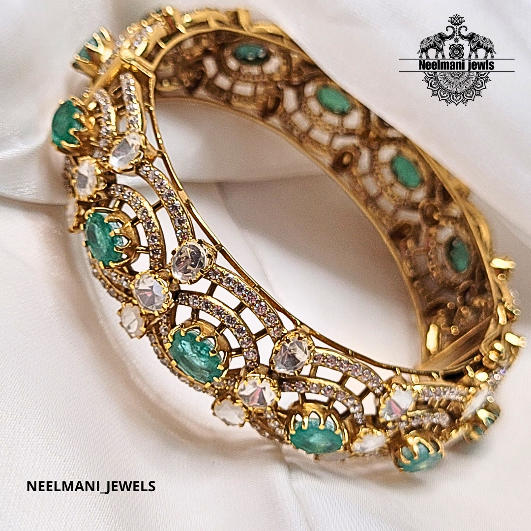 Emerald Green Stone Bangle – Luxury 925 Silver Bridal Kada Jewellery