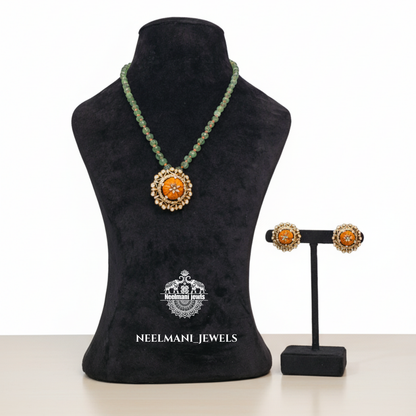 Green Beaded Necklace with Floral Pendant | Ethnic Kundan Jewellery