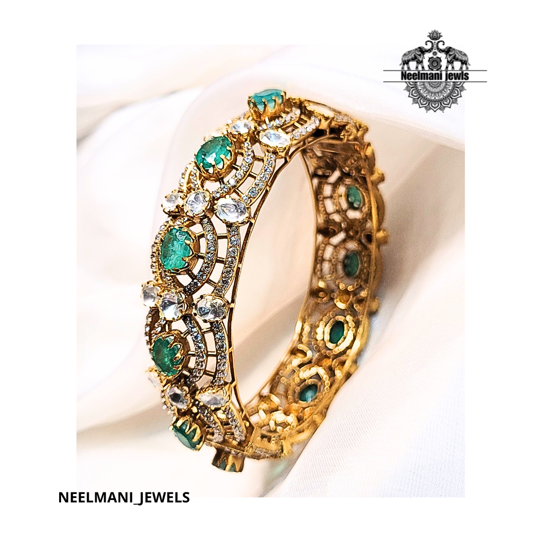 Emerald Green Stone Bangle – Luxury 925 Silver Bridal Kada Jewellery