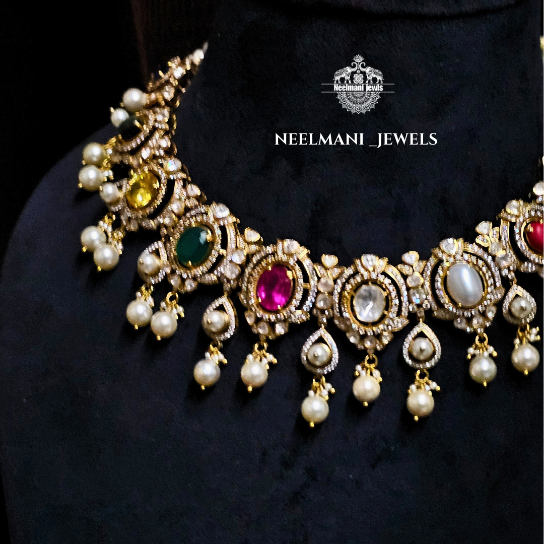 navratan necklace set, navratna jewelry set, traditional necklace set for women, multicolor stone necklace, wedding jewelry set, festive wear jewelry.