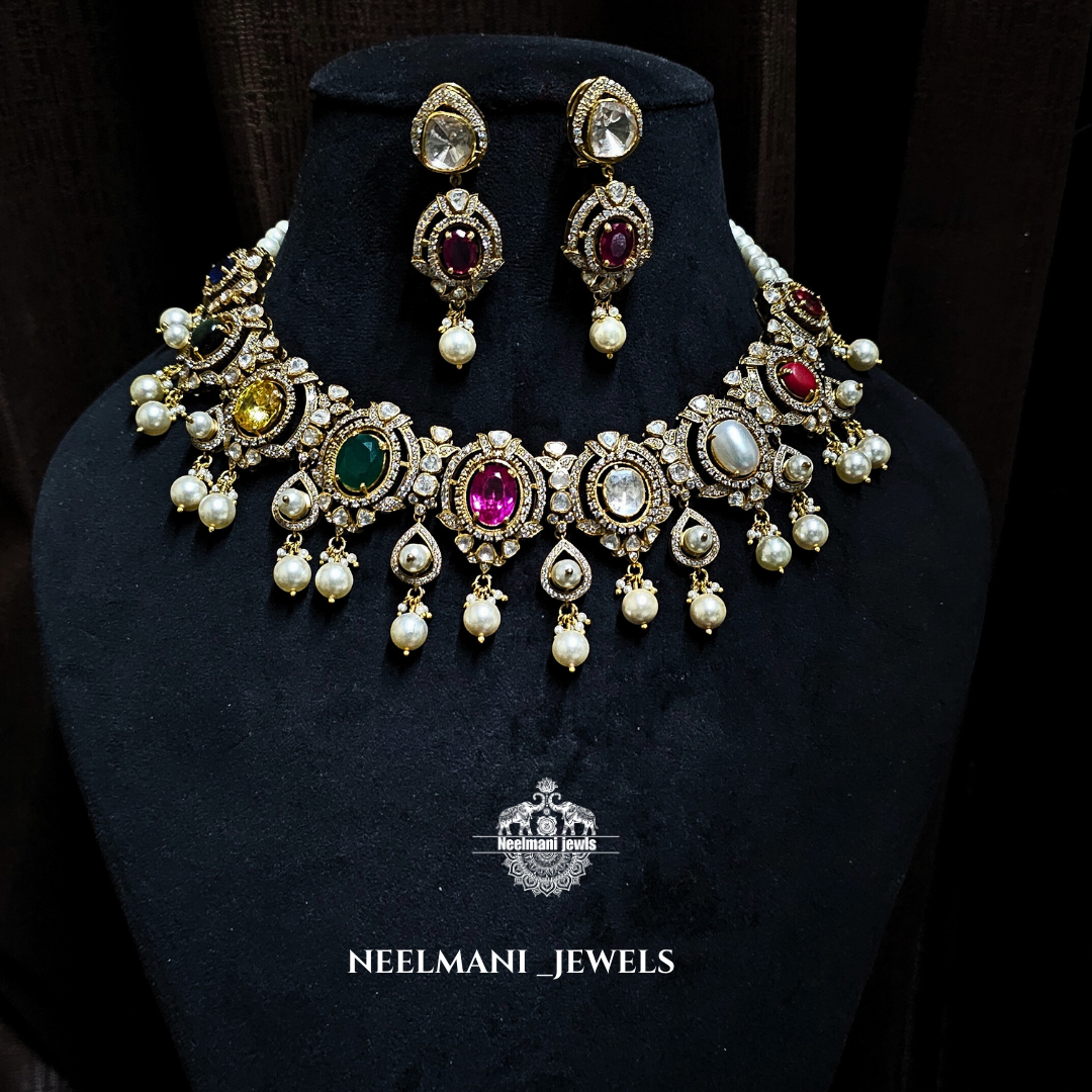 navratan necklace set, navratna jewelry set, traditional necklace set for women, multicolor stone necklace, wedding jewelry set, festive wear jewelry.