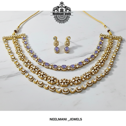 Necklace and earrings set with purple stones on a marble background, branded as Neelmani Jewels.