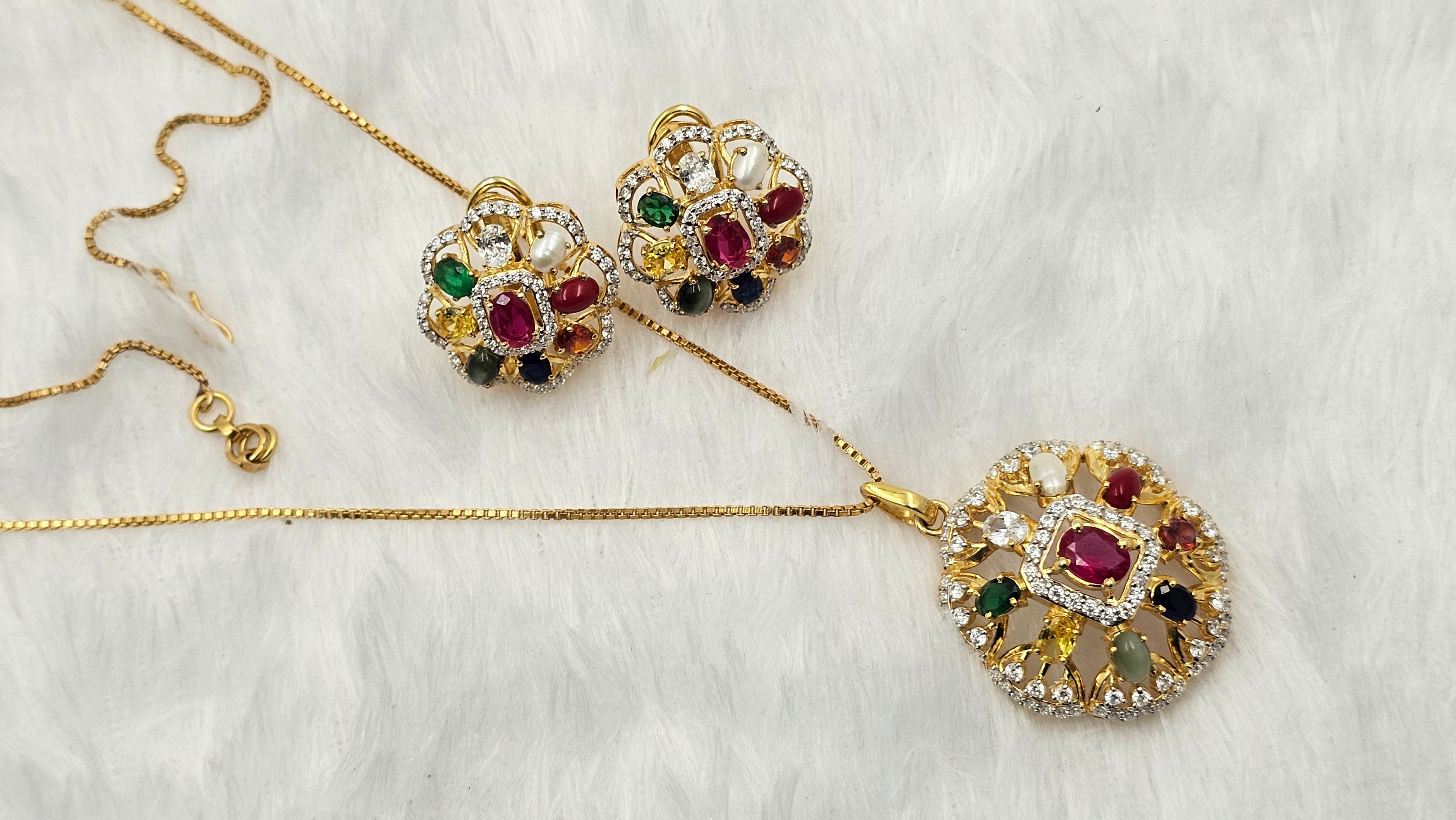 Navratna Pendent with earrings and chain
