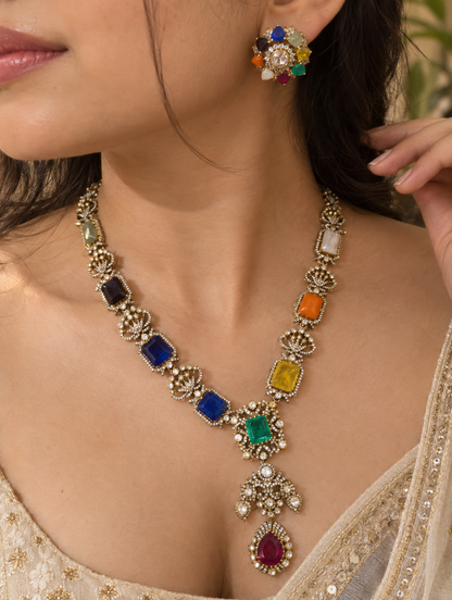 Woman wearing original silver diamond necklace with matching earrings