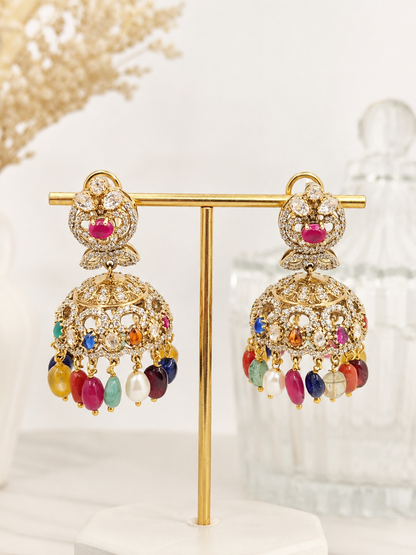 Premium Navratna Kundan Pearl Drop Jhumka Earrings for Women