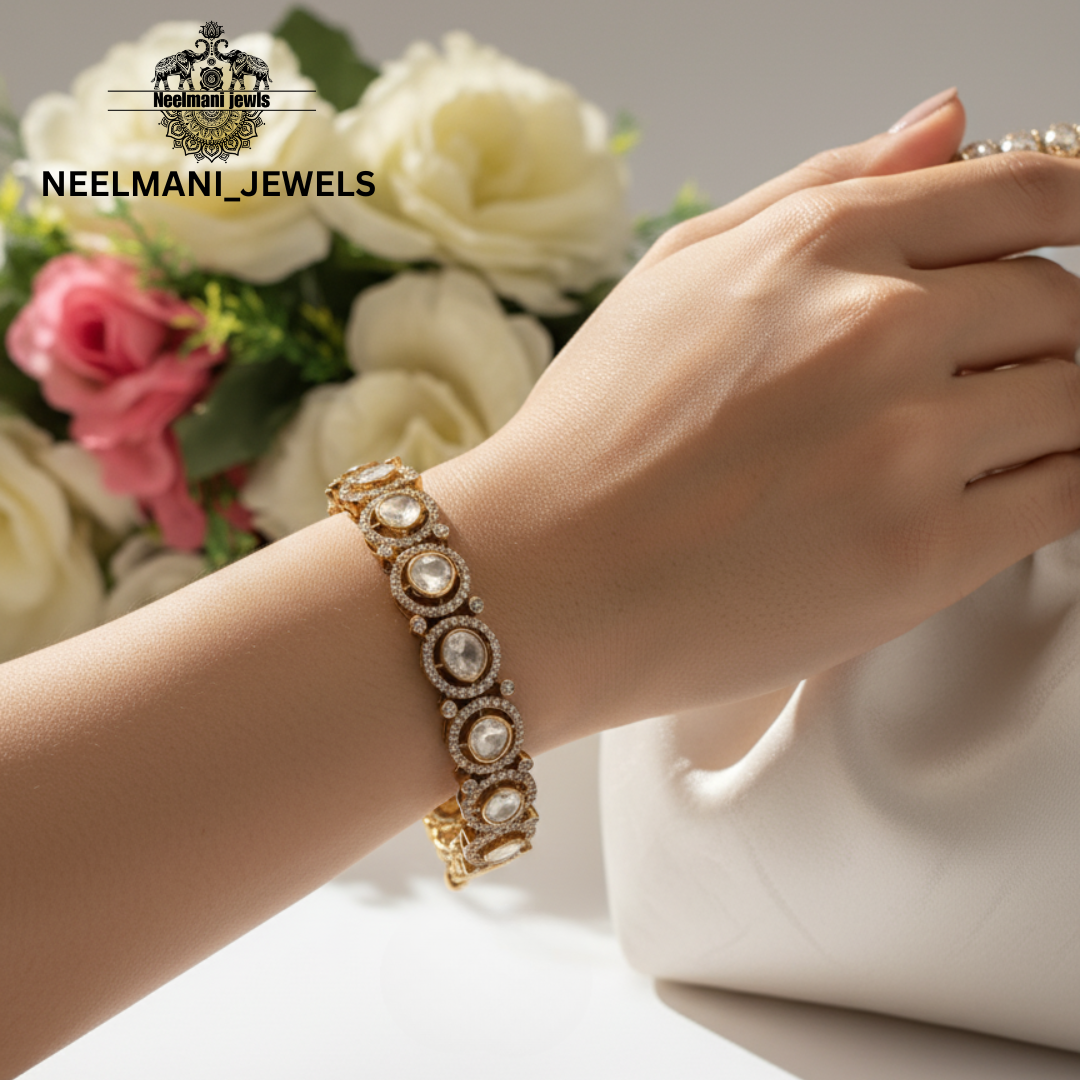 Traditional Moissanite Polki Kada with White Stones