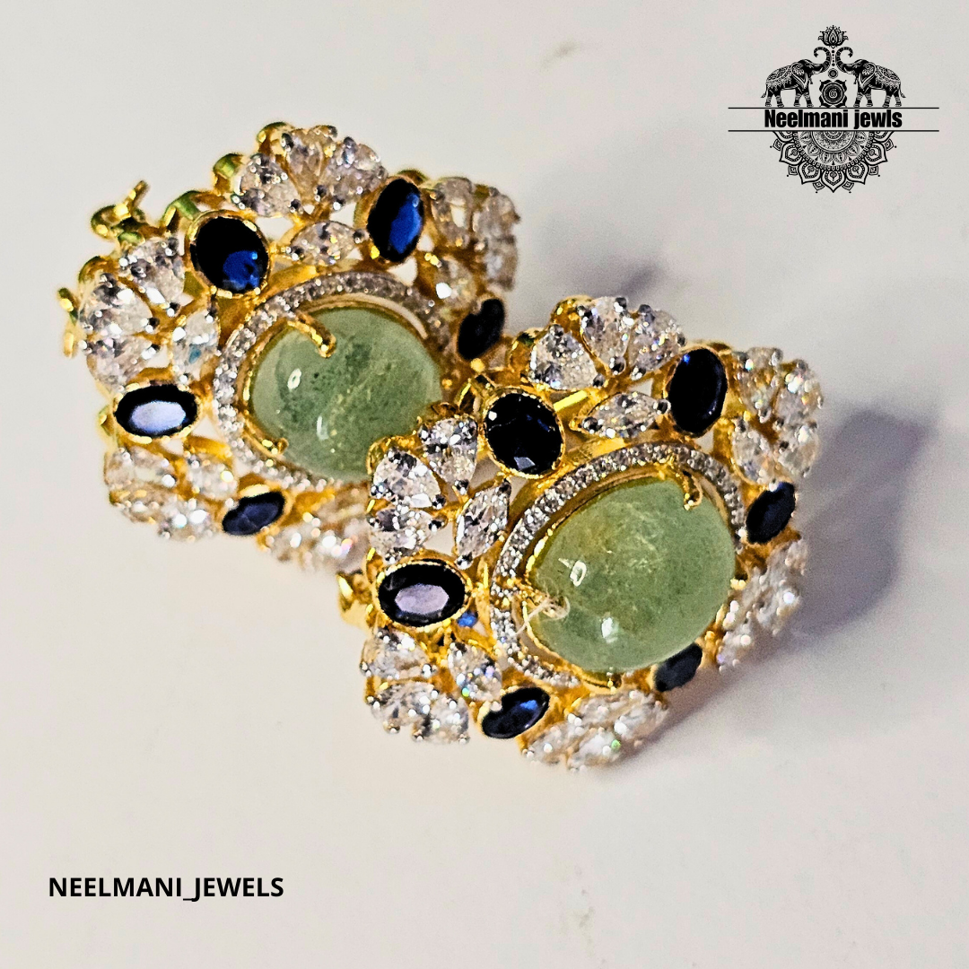Neelmani Jewels earrings with green gemstones and gold accents on a white background