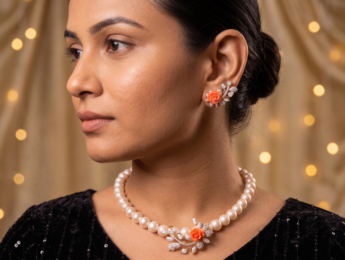 Pearl Necklace Set with Orange Floral Pendant