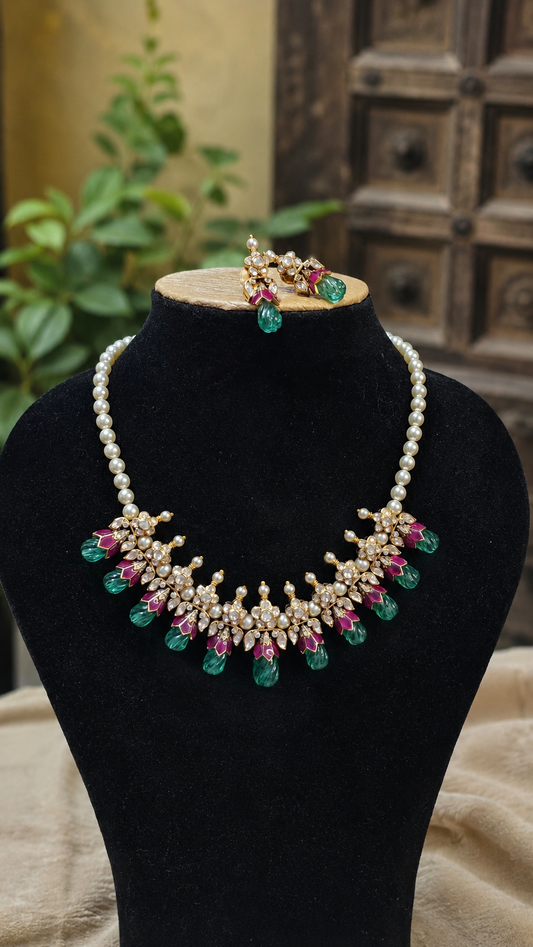 Kundan Necklace Set for Women Party Wear with Pearl Choker and Green Stones