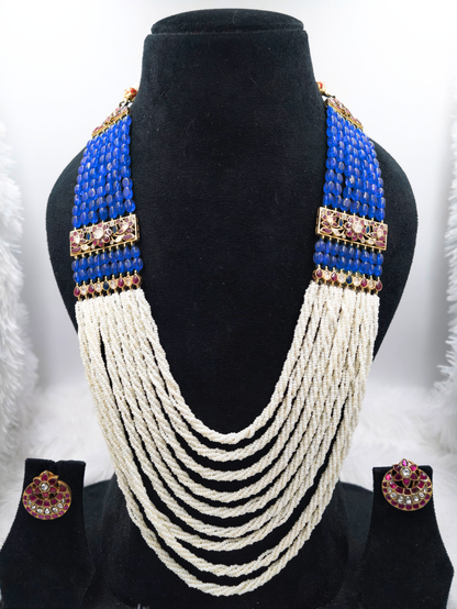 long pearl necklace, pearl mala set, multi layer necklace, pearl jewellery set