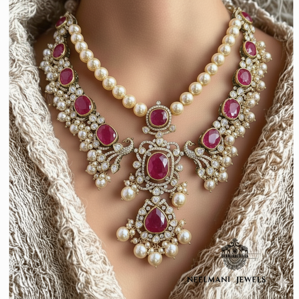 Necklace with pearls and red gemstones on a mannequin, branded 'Neelmani Jewels'.