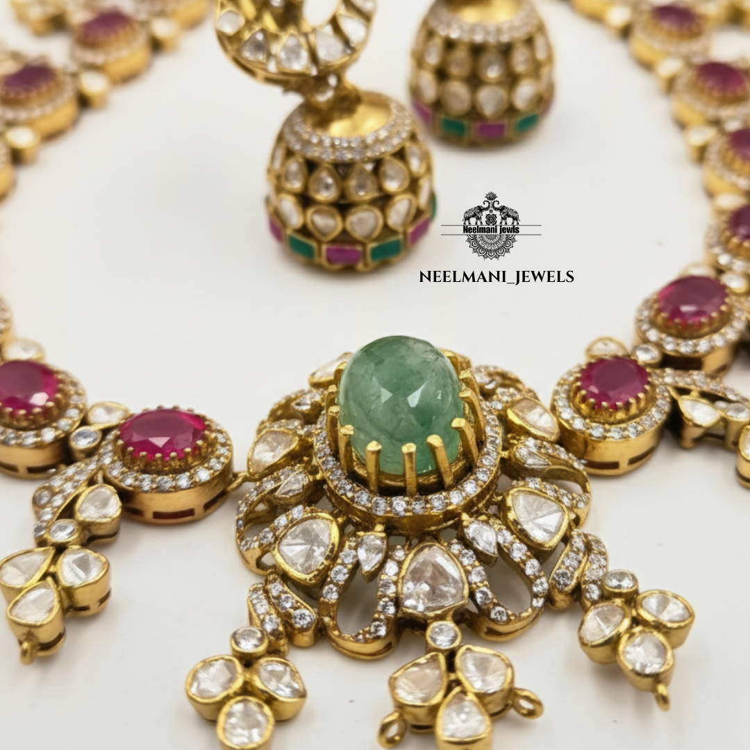 Ruby Stone Polki Necklace Set with Jhumki | Moissanite Bridal Jewellery