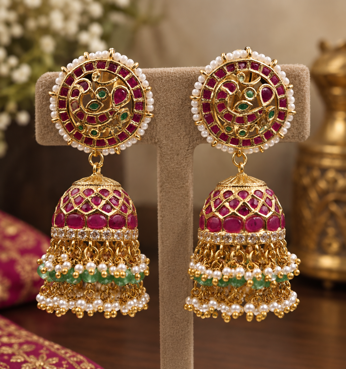 party wear maroon pearl jhumka earrings