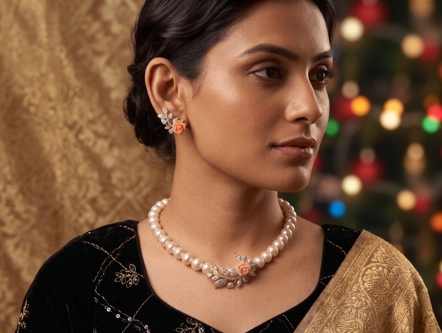 Pearl Necklace Set with Orange Floral Pendant